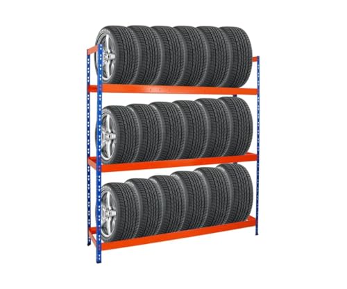 PROREGAL Étagère à pneus Tiger XL | HxLxP 200x180x45cm | Charge Max. 300kg | Jusqu'à 21 pneus | Bleu/Orange | Porte-Pneu, Rack à pneus, rayonnage, Stockage,...