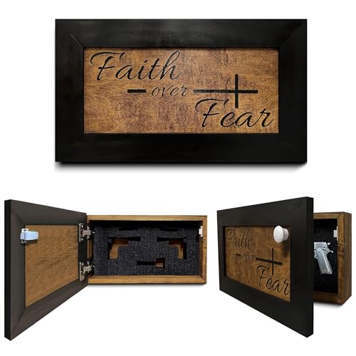 Bellewood Designs Hidden Gun Safe - Faith Over Fear Wall Gun Safe - Hidden Wall Storage - Wood Gun Cabinet - Handcrafted Religious Gun Concealment Furniture - Christian Hidden Gun Storage