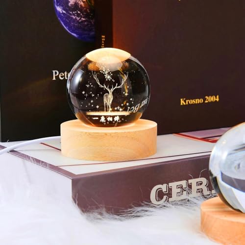 Image of UCRAVO 3D Deer Crystal LED Night Light Decoration Snow Globe Christmas Night Light, 3D Laser Engraving Glass Ball,USB Charging Crystal Ball with Wooden Base,Nightstand Bedroom Decoration, Home Gift