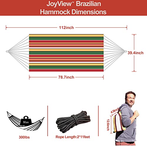 Joyview Brazilian Hammock For Single Preson Portable Hammock With Hanging Ropes & Carry Bag Large 78.8X39.4” Cotton Hammock For Patio 300Lbs Capacity Perfect For Outdoor/Indoor - Red & Green Stripes #TOP1