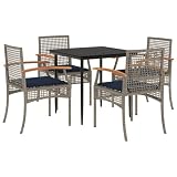 WDSAYREH 5 Piece Gray Patio Dining Set with Cushions, Poly Rattan Outdoor Dining Set with Tempered Glass Tabletop and Powder-Coated Steel Frame