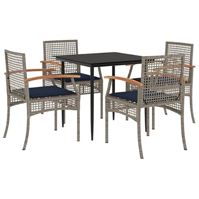 WDSAYREH 5 Piece Gray Patio Dining Set with Cushions, Poly Rattan Outdoor Dining Set with Tempered Glass Tabletop and Powder-Coated Steel Frame
