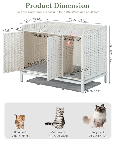 Image of SETVSON Cat Litter Box Enclosure Furniture with Divider, Hidden House White | Handwoven PE Rattan with Washable Mat, 3.54-In Heightened Metal Feet, 31.2 x 19.6 x 24.2 Inches Spacious Cabinet