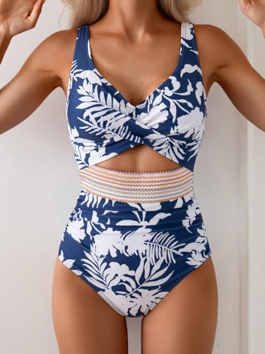 Image of B2prity One Piece Swimsuit for Women Tummy Control V Neck Bathing Suit Color Block High Waisted Cutout Swimwear