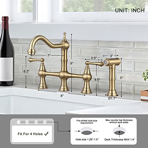 Wowow Brass Kitchen Faucet Bridge With Side Sprayer, 4 Hole Kitchen Faucet 2 Handle 8 Inch Centerset Gold Faucet For Kitchen Sinks, Heritage Brushed Gold Kitchen Sink Faucet #TOP3