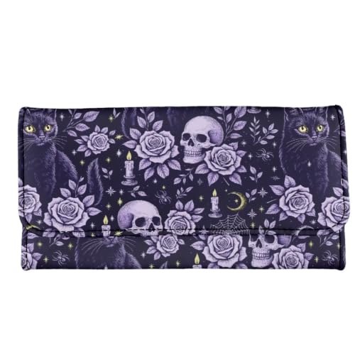 Image of AFPANQZ Halloween Womens Wallets Leather Trifold Multi Card Holder Wallet | Purple Skull Rose Print Card Holder Phone Organizer Ladies Travel Purse Hollow Out