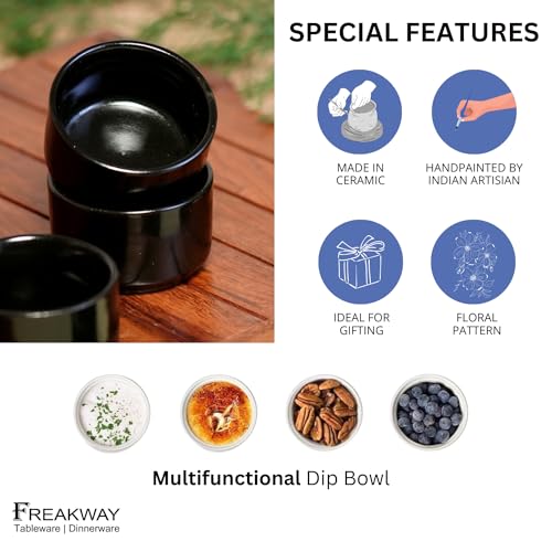 Image of Freakway Hand Painted White Ceramic Dip Bowls | Bowls Set of 2, 40Ml | Bowl for Serving Chutney Bowl /Pickle Bowl /Small (BLK)