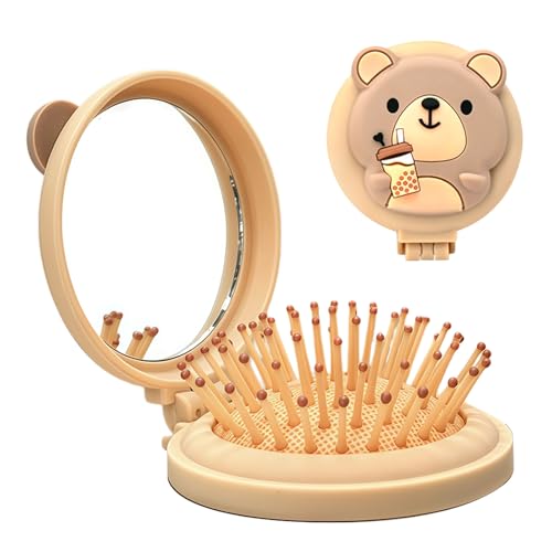 Muorruo Mini-brosse à cheveux de voyage pour enfants, miroir rond pliant et petite brosse pour garçons et filles, brosse démêlante pour bébé, brosse de...