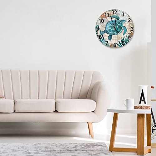 Abucaky Blue Sea Turtle Nautical Map Retro Ocean Wall Clock Battery Operated Silent Non Ticking Round Clock Art Wall Decor For Home, Office, School 9.8 Inch #TOP1