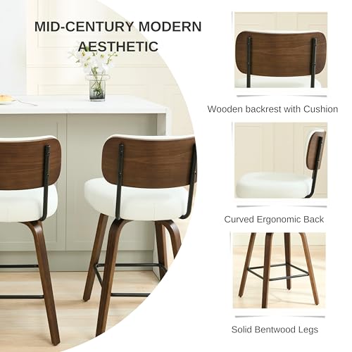 Image of Swivel Bar Stools Set of 2, 30 inch Upholstered Bar Height Stools with Back and Walnut Wood Legs, Faux Leather Barstools for Kitchen Counter, White