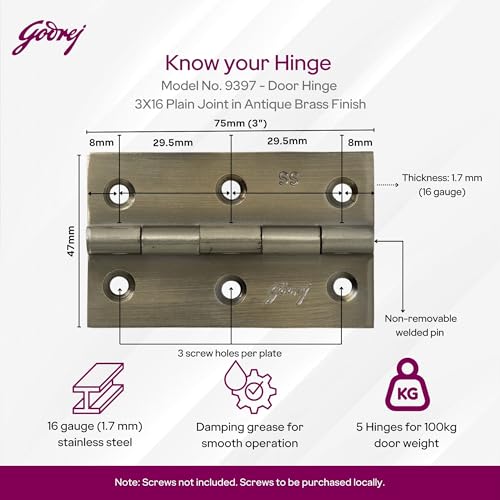 Image of Godrej Door Fittings | 3 inch x 16 Gauge Plain Joint Door Butt Hinges (Pack of1, 5 Pcs /Pack) | Antique Brass Finish, Smooth Operation | 3 Holes Kabza for Doors, Windows & Wardrobe | 1 Yr Warranty