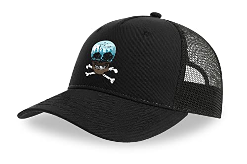 Casquette de camionneur en coton noir visière incurvée filet respirant motif tête de mort