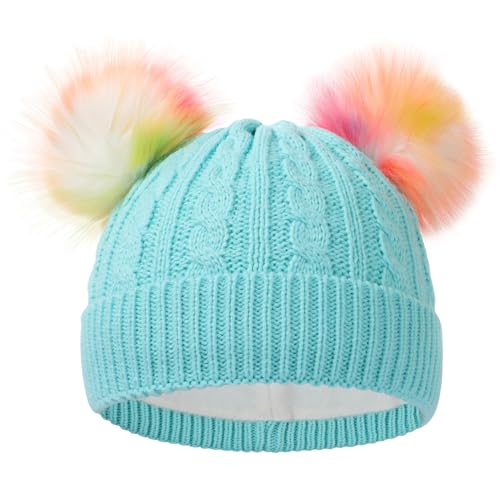 Girls Rainbow Pom Pom Beanies Hats Winter Knit Fleece Lined Beanie Hat for Kids Outdoor Snow Ski Skull Cap Age 7-12