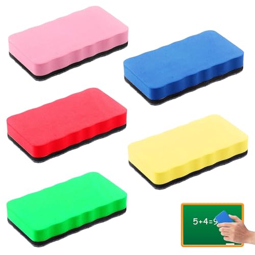 5 Pcs Magnetic Whiteboard Erasers - Colorful Dry Wipe Board Cleaners with Thick Felt Pad - Lightweight Magnetic Erasers for Home Office & School Classroom - 5 Assorted Colours