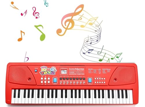 Image of Piano Keyboard with Mic | 61 Keys, 10 Rhythms, 16 Tones, 6 Demo Songs & 8 Percussions | Electronic Musical Toy for Boys & Girls Age 4+ | Educational & Recording Keyboard for Beginners Red