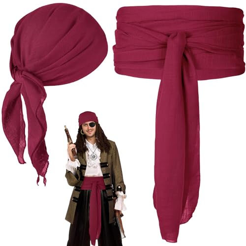 GDLOKFU Piraten Kostüm Zubehör Set, Piratenkostüm Herren Damen, Piraten Schärpe Gürtel & Kopftuch, Mittelalterliche Große Schärpe Piraten Kopftuch Bandanas für Karneval, Halloween, Cosplay & Party