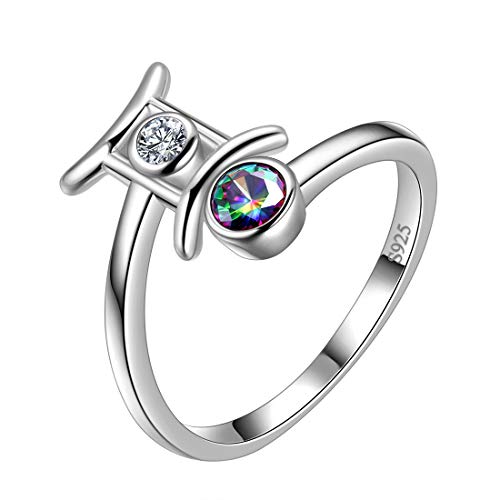 Aurora Tears Gemini Zodiac Rings Women 12 Constellation Horoscope Sign 925 Sterling Silver Mystic Rainbow Topaz Astrology Star Adjustable Birthday Gifts Fire Topaz Present DR0087G
