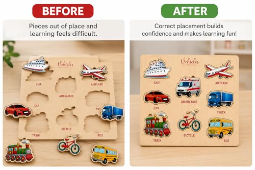 Image of Wooden Name Puzzle for Toddlers 2+ Years | Montessori Letter Matching & Name Recognition Learning Toy | Alphabet Educational Puzzle for Preschool Boys & Girls (Vehicles)