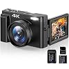 4K Digital Camera for Photography Autofocus 16X Digital Zoom, 48MP Vlogging Camera with 32GB SD Card, 3'' 180 Flip Screen Compact Camera,2 Batteries