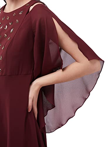 Image of Miss Chase Women's Wine Solid Relaxed Fit Round Neck Flared Sleeve Maxi Dress