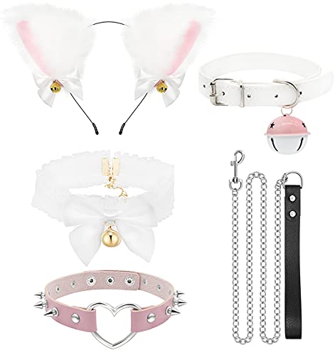 5PCS Leather Studded Goth Choker PU Collar Choker Necklace,Black White Cat Ear Headband with Bell Heart Choker Necklace(White) Set,Halloween Cosplay Costume Party Hair Accessories Headbands for Women