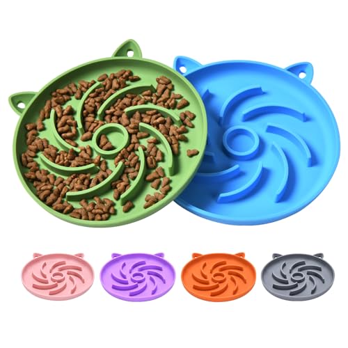 2Pcs Silicone Slow Feeder Cat Bowl,Puzzle Feeder Cat,Interactive Toys，Slow Feeding cat Bowl Suitable for All Dry and Wet Foods,Easy to Clean Silicone Bowls (Green and Blue)