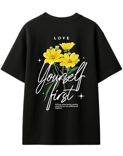 Image of Oversized Cotton T-Shirt for Women Half Sleeve - Love Yourself First Printed Tee - Breathable Loose Fit Motivational Casual Wear for College and Daily Outfits