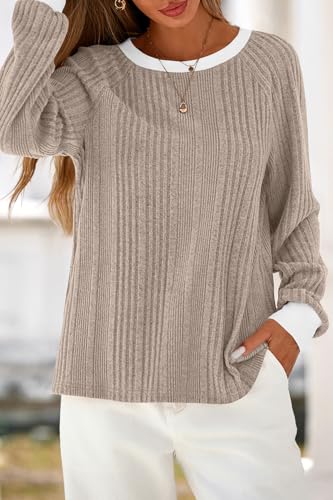 CFLONGE Fall Tops for Women Trendy 2025 Crewneck Long Sleeve Business Casual Shirts Fashion Knit Ribbed Tunic Going Out Tops2