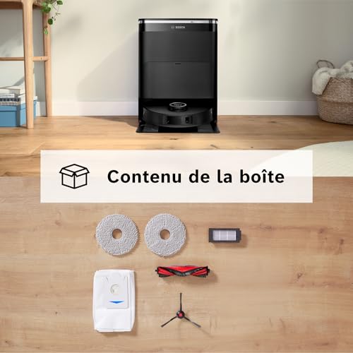 Bosch Spotless Max Robot sprzątający z funkcją mopowania, moc ssania 11 000 Pa, wysuwana nakładka mopującą, stacja czyszczącą, nawigacją Smart Vision, aplikacja Bosch Home Connect, BCRDW3B, czarny