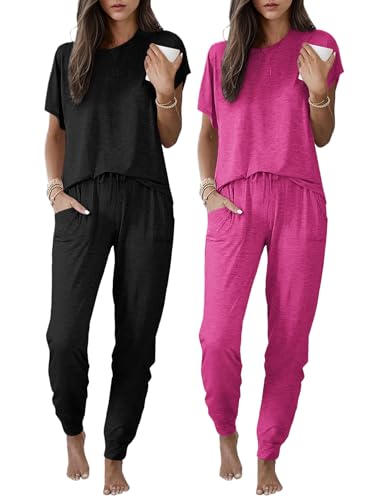 Ekouaer 2 pack Pajama Sets for Womens Jogger Pants Pjs Short Sleeves Lounge Set Soft Sleepwear with Pockets