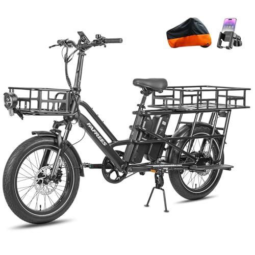 Fafrees Longtail E-Bike 20 * 3.0 Zoll, E-Lastenrad 250W 25km/h, ebike Damen 12Ah*2 Akku, E-Fahrrad 75N.m Reichweite 100-140km, Tragkraft 200kg (Vorderkorb + Hinterkorb, Schwarz)