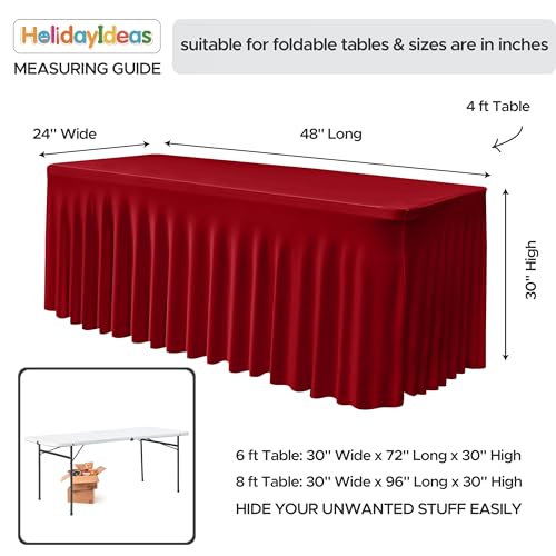 Image of HolidayIdeas 4 Pack Red Spandex Table Skirt for 4 Ft Rectangle Tables, Fitted Stretch Tablecloth 24 x 48 Inch, Wrinkle Resistant Ruffle Design for Valentine's Day, Monther's Day, Trade Shows, Parties