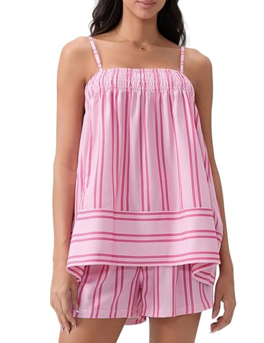 Wyeysyt Women 2 Piece Lounge Set Striped Pajama Set Ruffle Hem Cami Tops and Stripe Boxer Shorts Pj Set Sleepwear