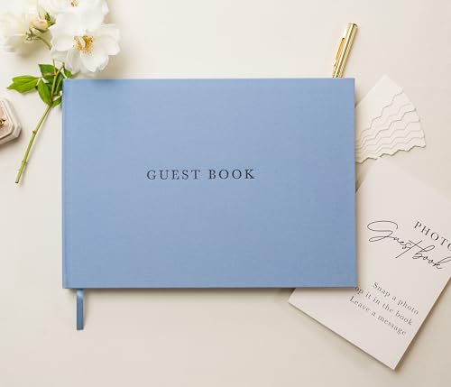 Modern Album Designs Real Linen Guest Book Set - 11.5 x 8.5 Embossed Guestbook for Weddings, Showers, Events, Blank & Lined, Comes with Sign, Pen, Box and Photo Sleeves, 120 Pages (Light Blue) by Modern Album Designs - Used condition - Image 3
