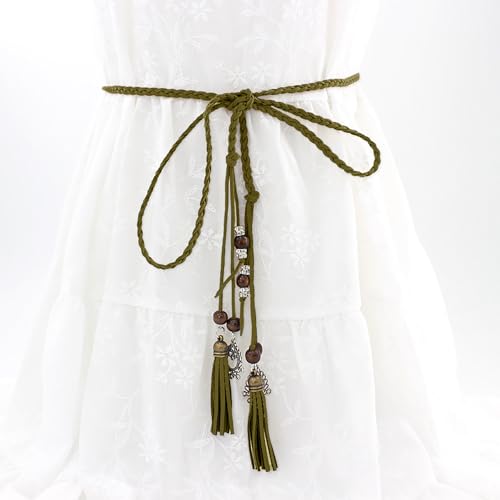 NIDMIDO Women's PU Leather Waist Belts Woven Tassels Chain Belt Skinny Rope Belt Chain for Skirt Dress Boho Style2