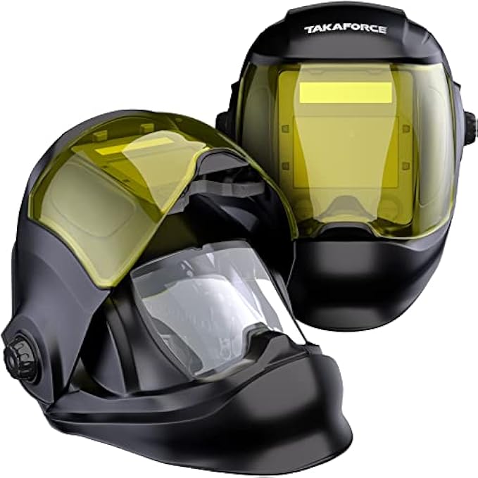 TAKAFORCE Panoramic 180° Large Viewing Screen Auto Darkening Flip Up Welding Helmet with Side View, True Color Highest Optical Class 1/1/1/1, 4 Arc Sensor, 9 to 12/13 to 15 Variable Welding Shades