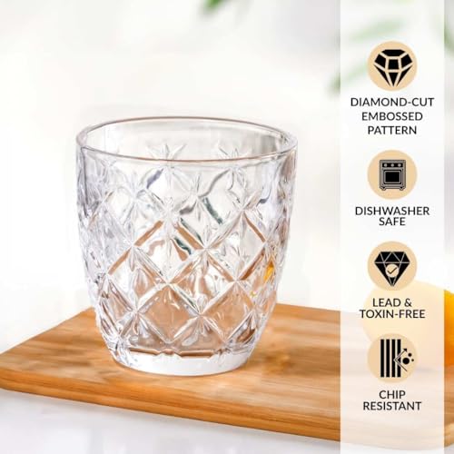 Image of Nestasia Transparent Small Juice Glasses Set of 6 (260 ml Each) - 100% Food Safe & Dishwasher Safe Diamond Cut Tumblers - Ideal for Water, Tea, Coffee & Refreshments - Perfect for Gifting