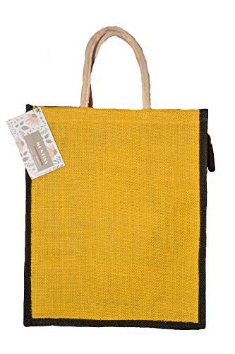 Image of MONTISA Jute Bags for Lunch | Jute Tote Bag | Jute Tiffin Bags | Jute Bags with Zip | Jute Carry Bag | Trendy Shopping Bag | Jute Bag Medium Size - Yellow-Green-Natural (14x12x6 Inch) (Pack of 3)