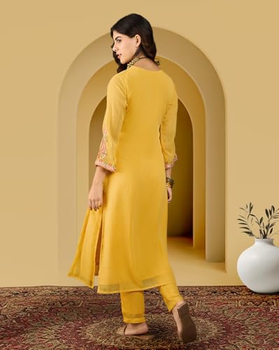 Image of Amazon Brand - Tavasya Women Milky Georgette Zai Sequence Embroide Kurta with Pant Set |Kurta Set|Ethnic Wear|Salwar Suit|3 Piece Set