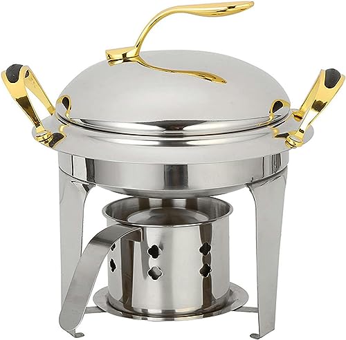 CWCQGH Chafing Dish in Acciaio Inossidabile per Uso Domestico, Set scaldavivande Rotondo per Buffet con teglia per Alimenti, Coperchio e Porta-combustibile, per Buffet/matr,Gold