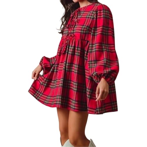 Feclmiyt Damen-Minikleid mit Vichy-Muster, Puffärmel, V-Ausschnitt, Schnürung vorne, kariert, lockeres Kleid, Sommer, fließendes Babydoll-Kleid,...