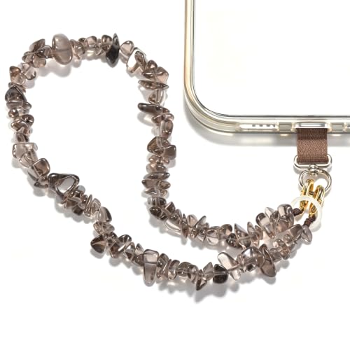 Aluckiss Natural Tea Quartz Gravel Phone Wrist Strap for Women Men Stone Beads Charm Handmade Cellphone Chain Lanyard with Tether Tab