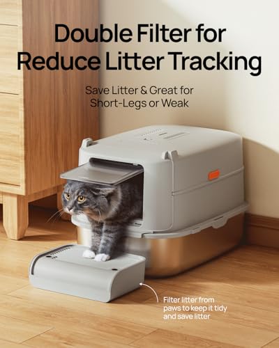 Furkid Stainless Steel Cat Litter Box with Lid, XL Extra Large Litter Box for Big Cats, Enclosed Metal Kitty Litter Box with High Sided Enclosure & Scoop, Anti-Leakage, Non-Sticky, Easy Cleaning Gray - Thumbnail 4