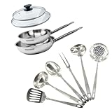 DESCRIPTION: Ensemble Fackelmann Eterna avec 2 poêles en inox 18/8 de 20 et 24 cm, avec leurs couvercles en verre et 6 ustensiles en inox