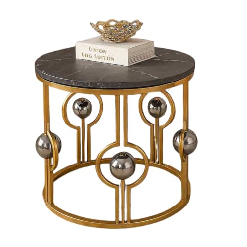 Image of Marble Look Coffee Table, Round Accent Metal Center Table with Golden Metal Frame Golden Black