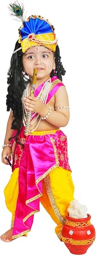 Image of Sarvda Krishna & Radha Dress for Kids - Complete Janmashtami Costume Sets with Dhoti /Lehenga, Mukut, Mor Pankh, Bansuri & Accessories | Fancy Dress for Baby Boys & Girls
