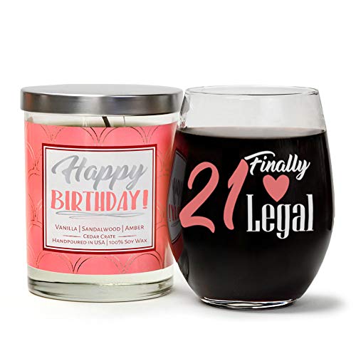 Product Image of the '21 Finally Legal' Birthday Candle Gift Set | Cute Stemless 15 oz. Wine Glass |'Happy Birthday' Soy Candle | Vanilla, Sandalwood, Amber | Happy 21st Birthday Gifts for Women | Birthday Gift Boxes