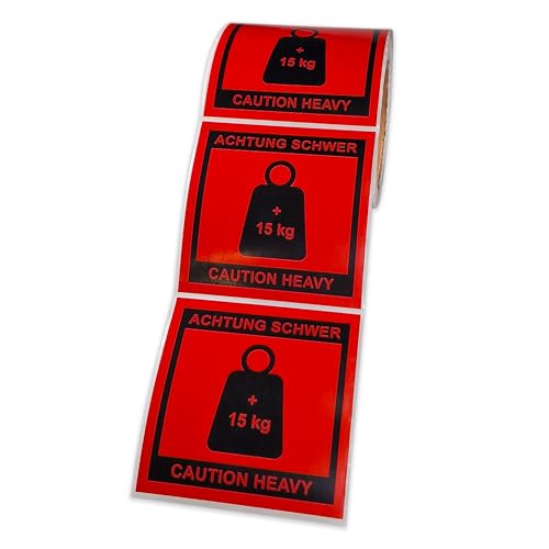 Aufkleber Achtung schweres Paket 250 Stück Versandetiketten Caution Heavy +15 kg Karton Sticker 10 x 10 cm Warnetiketten auf Rolle