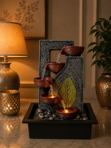 Image of CHRONIKLE Indoor Tabletop Water Fountain with Warm LED Light & Controller Pump | Green Leaf Designer 4 Diya Step Cascade Polyresin Waterfall Fountain for Home, Meditation| Silver Brown | 40x29.5x22 CM