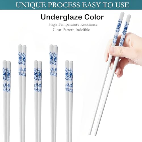 Chopsticks Reusable Ceramic 5 Pairs Porcelain Chopsticks Dishwasher Safe,High-grade Bone Blue Peony by GTIEDIK - Image 8